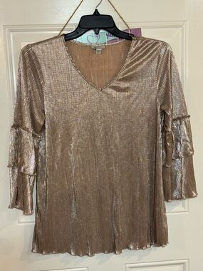 Metallic V-Neck Ruffle Sleeve Blouse - Gold